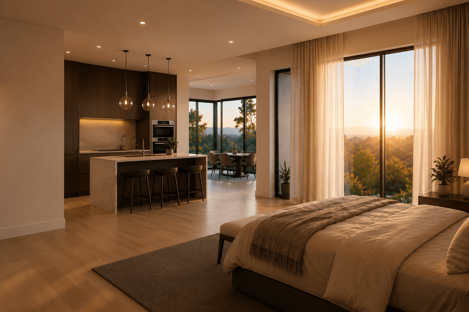 Placeholder for morning smart home routine with shades opening and warm kitchen light